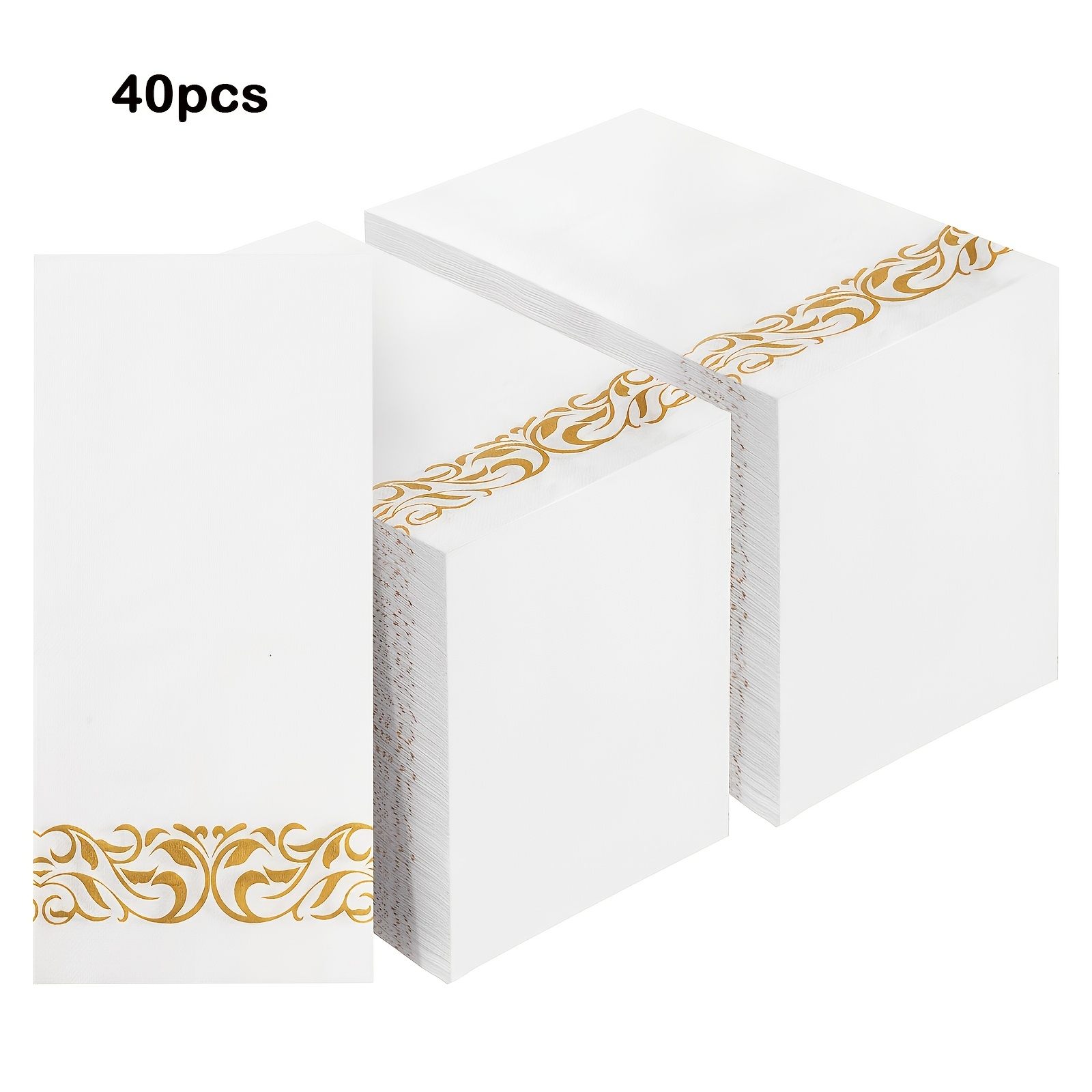 TEMU 20/40pcs,2-ply 4.3/7.8inch Metallic Golden Scroll Floral White Disposable Paper Napkins, Luxury Golden Pattern Guest Towels For Wedding Bridal