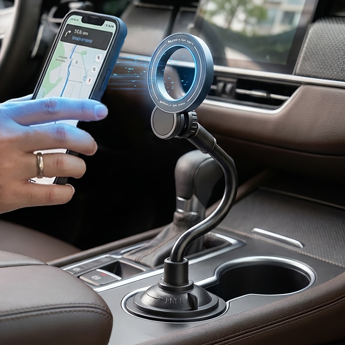 TEMU Magnetic Cup Holder Phone Mount For Car, Adjustable Gooseneck Car Phone Holder With Expandable Base, 360Â° Rotating Ring Head Hands Free