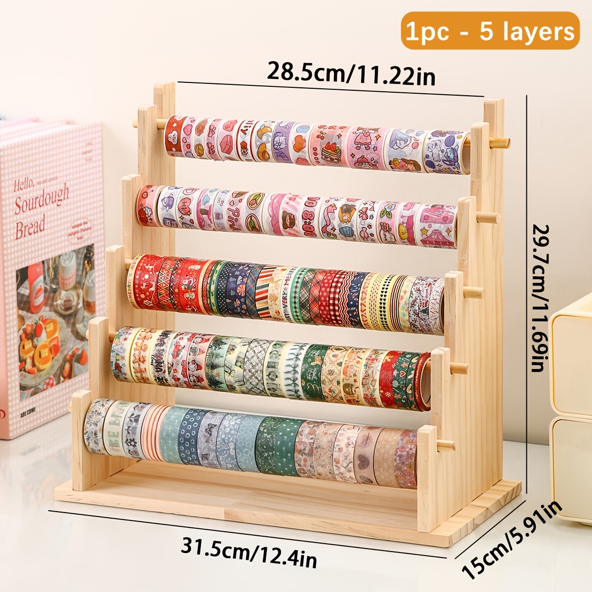 1pc desktop vertical 3 tier 5 tier stepped layered tape dispenser storage rack for stationery stickers scrapbooks   supplies and other stationery storage made of durable solid wood suitable for necklaces bracelets beaded bracelets