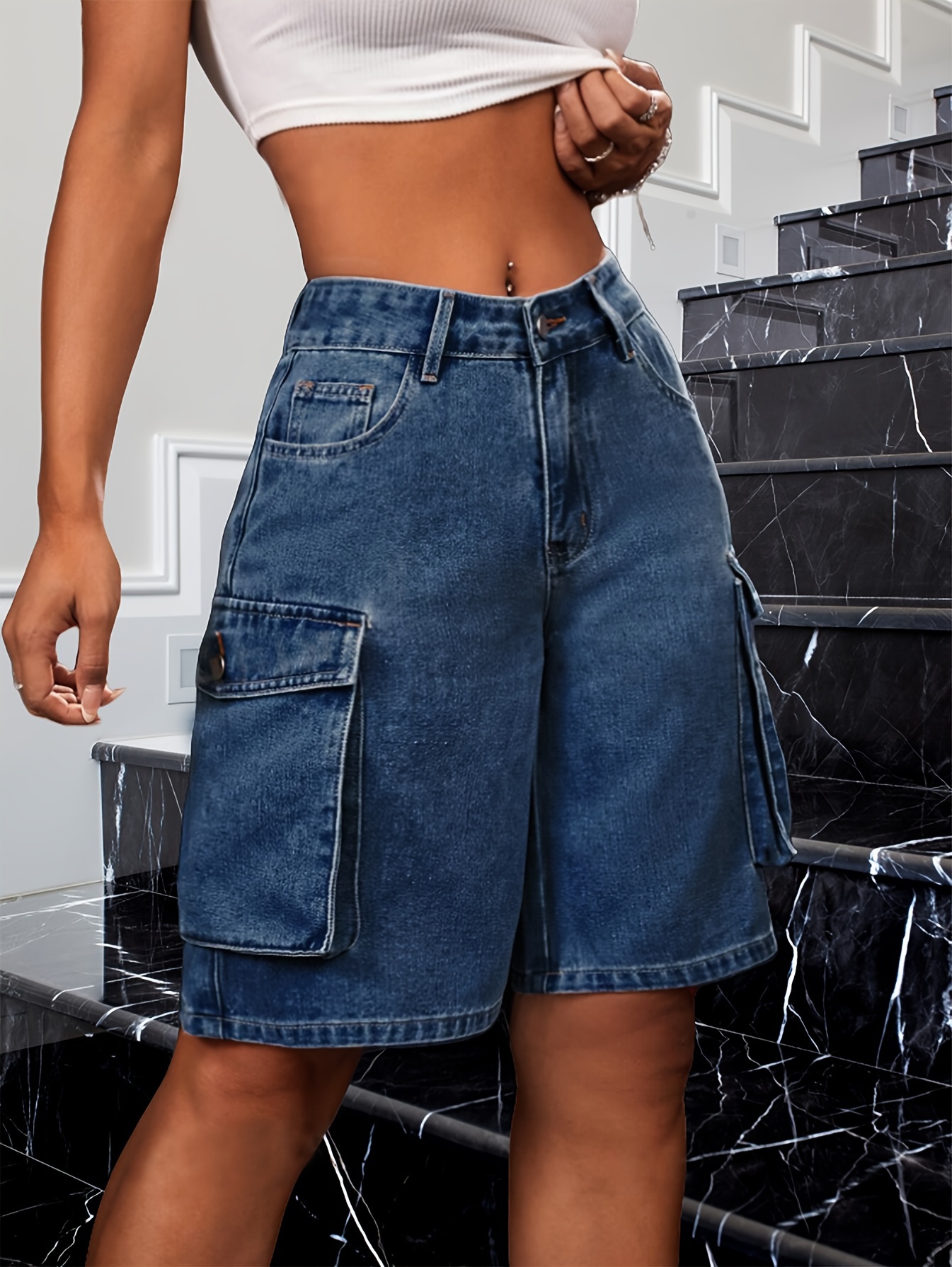 Women's Casual Denim Cargo Shorts with Flap Pockets - High-Waist, Non-Stretch, Solid Color, Machine Washable, Rayon Blend, Perfect for Spring/Fall