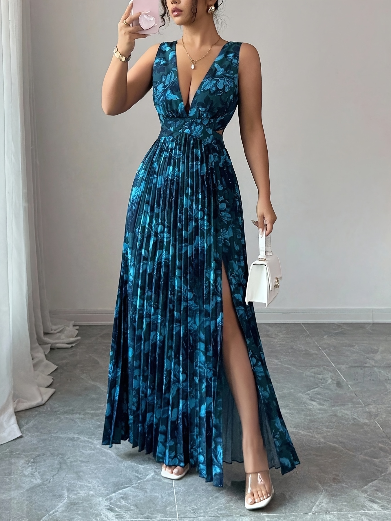 womens fashion sleeveless waist cutout v neck slit pleated - Temu Mauritius
