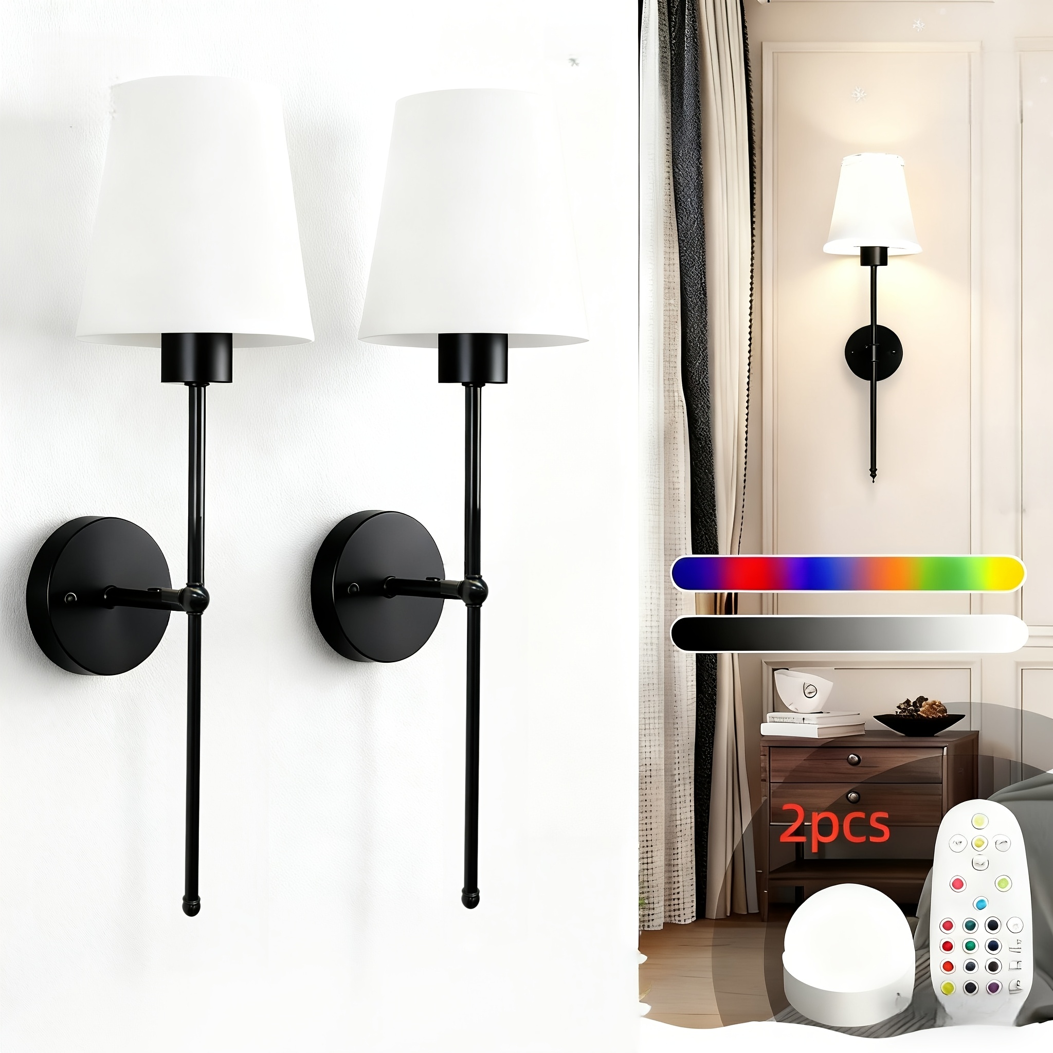 TEMU [decorative Wall Sconces]2pcs Modern Cordless Wall Sconces With Rechargeable Lithium Battery, Remote Control, 15 Lighting Colors & Dimmable, For