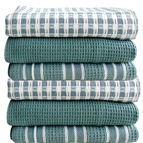 6pcs large kitchen towel set soft absorbent waffle weave dish cloths with striped patterns in teal navy durable microfiber for cooking baking for drying hand wash only dish towels for kitchen