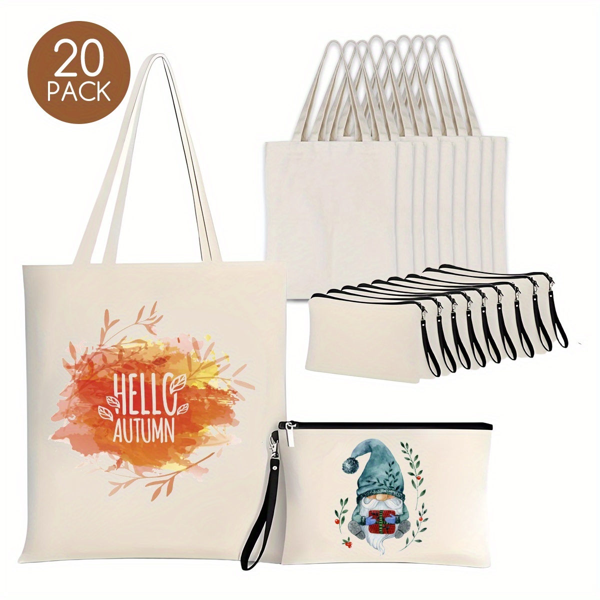 20 Pack Sublimation Blanks Tote Bags, Reusable Grocery Bags Heat Transfer Canvas Tote Bags Cosmetic Makeup Bags Shopping Bags For, Advertising, Halloween Craft Present, Sublimation Additions