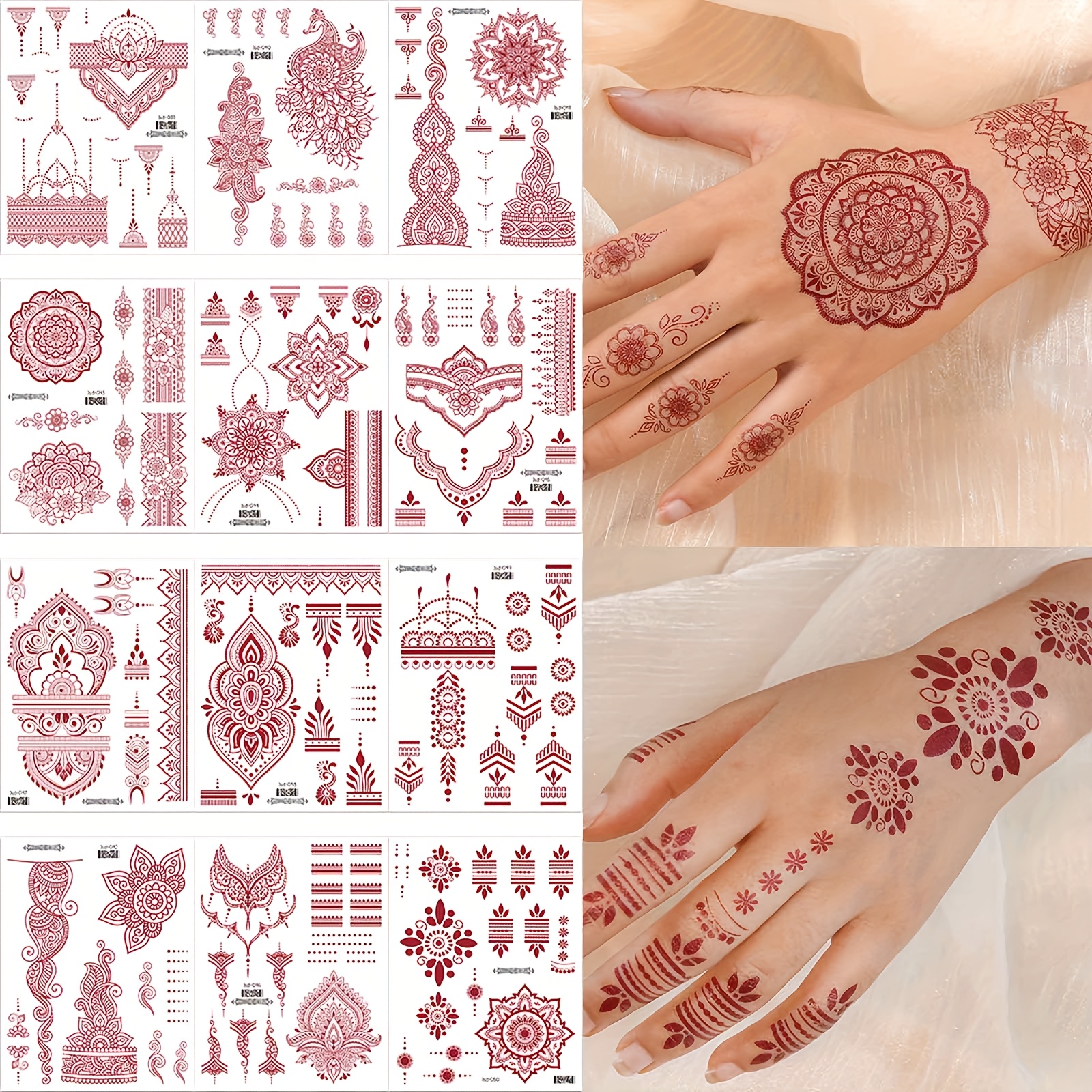 Image of 12 Sheets Hand Water Transfer Tattoo Stickers With Full Hand , Waterproof, Long-lasting Red Date Color Sexy Hand Stickers