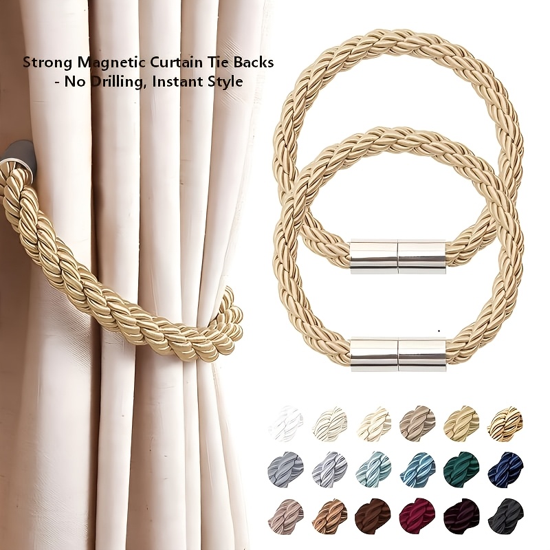 Magnetic Curtain Holdbacks with a Thick Braided Rope Twist Design, No Drilling Required, Sturdy Enough for Drapes, Perfect for a Modern Minimalist Look in Living Rooms, Bathrooms, And Bedrooms (Available in Sets of 2, 4, Or 6)