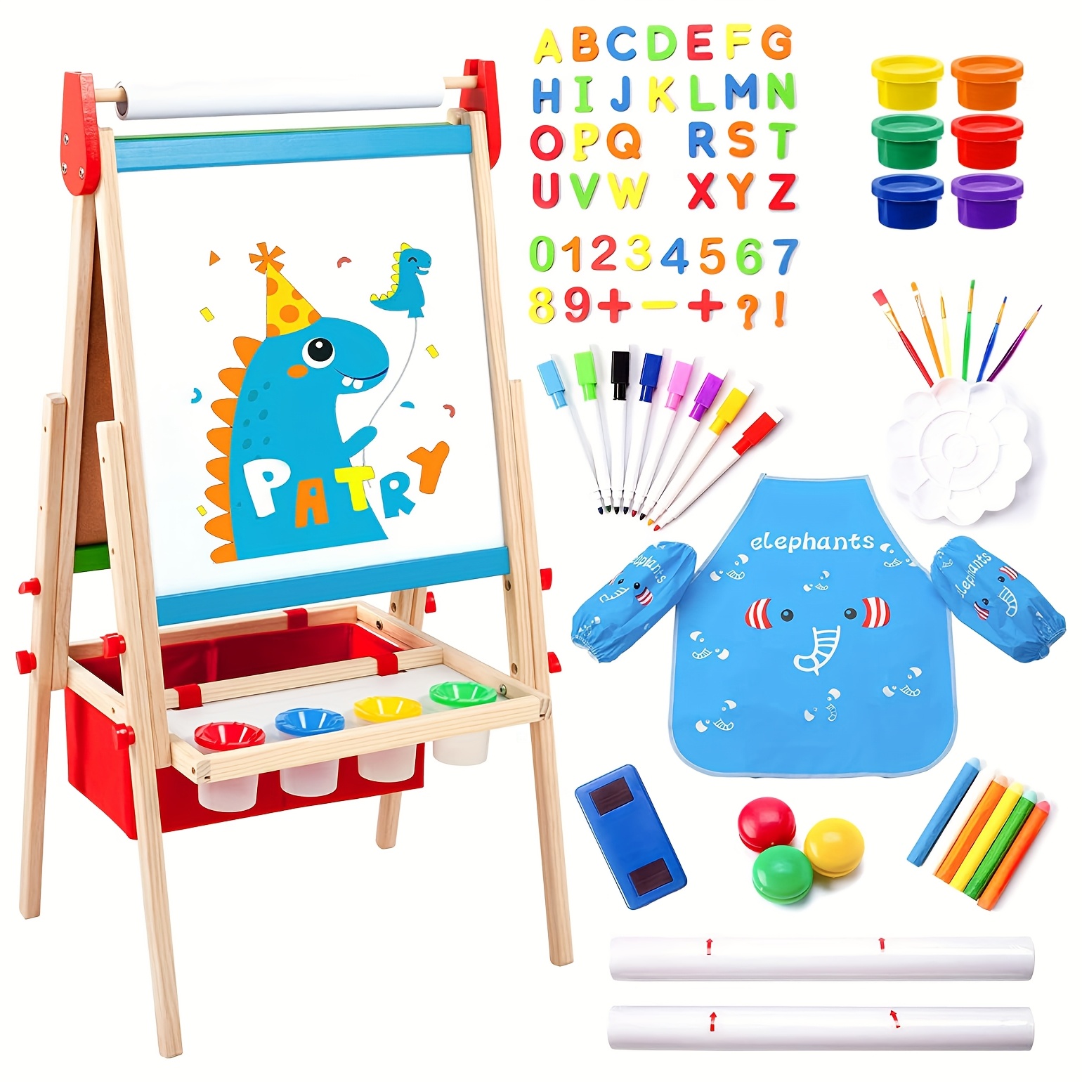 Kids Easel Including 100+ Accessories, Double Sided Wooden Easel for Kids - Chalkboard & Painting Board, Art Easel Supplies for Toddlers 3-8 Height Adjustable, Christmas & Birthday Gift