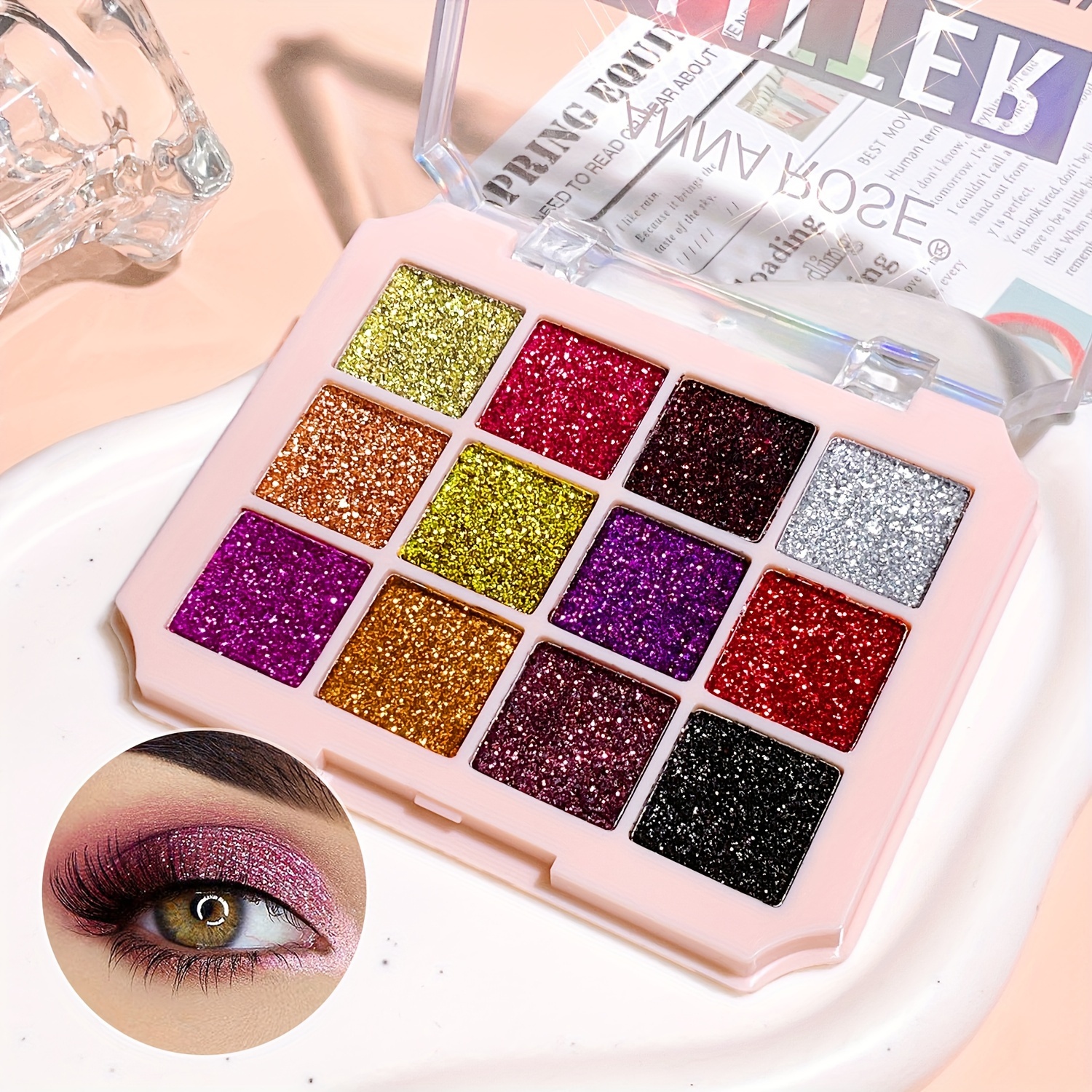 

12-color Glitter Eyeshadow Palette, 3d Sparkly Highlighter For Eyes, Long-lasting Multi-purpose Party Makeup