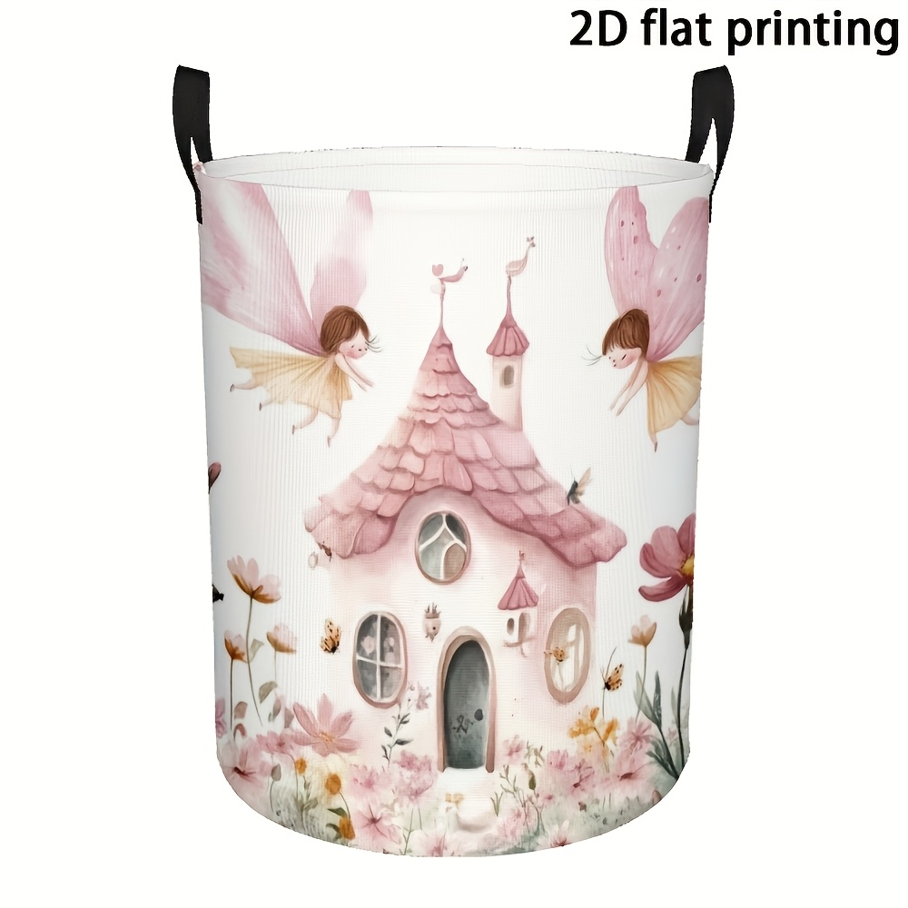 TEMU 1pc Whimsical Fairy-tale Cottage Print Laundry Basket | Large Round Polyester Hamper With Handles, Foldable Portable Storage For Bedroom, Dorm,