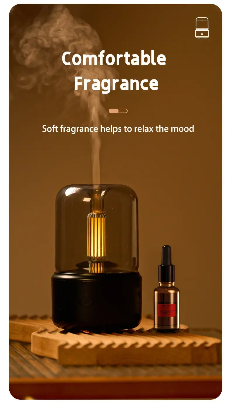 essential oil diffuser with simulated candlelight water shortage power outage protection ultrasonic atomization suitable for 10 20m usb powered key control no battery included details 2