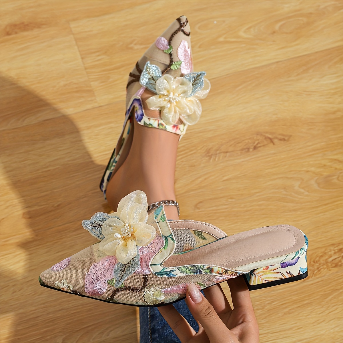 

Women's Floral Mesh Mules, Elegant Pointed Toe Slip On Backless Slide Shoes, All-match Outdoor Slide Sandals