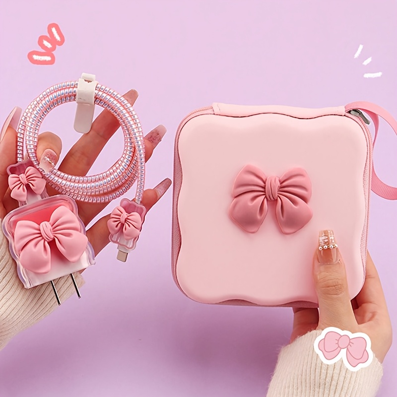 6pcs Bowknot Storage Bag Set For Iphone Phone Data Cable Protection, Including A 5pcs Winding Device And A Cable Organizer To Prevent Data Cable And Charger Head From Breaking