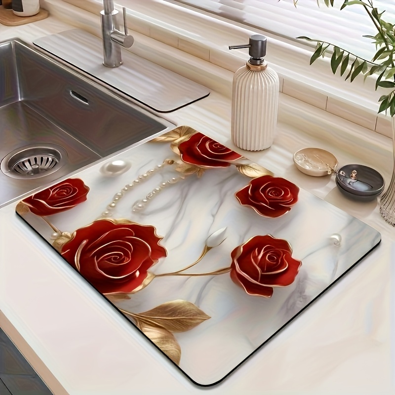 TEMU 1pc Luxury Floral Diatomite Drying Mat - Non-slip Quick-dry Absorbent Sink & Dish Drying Rack Mat Suitable, Bathroom, Coffee Machine, Bathtub -