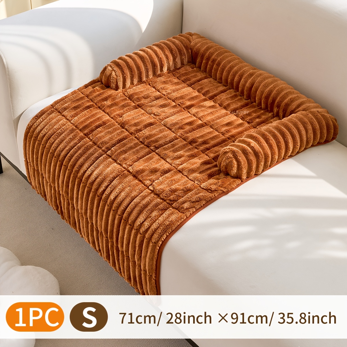 TEMU Striped Flannel Pet Mat, Sofa Pet Cushion, Autumn/winter Style, Quilted Embroidery Craft, Thickened Padding Sides, Pet-friendly Sofa Pad,