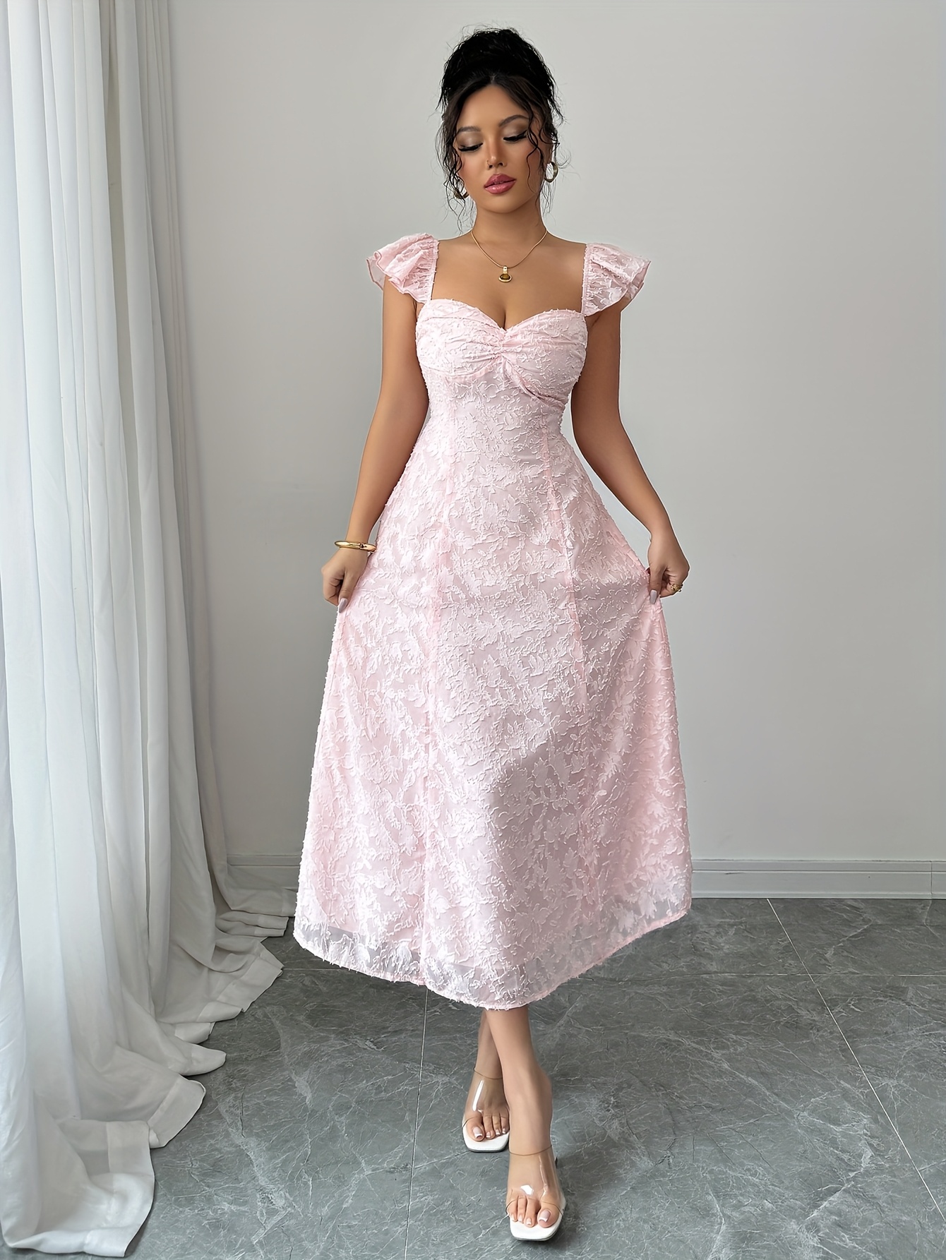 long a line dress jacquard texture zip fabric cap sleeves - Temu