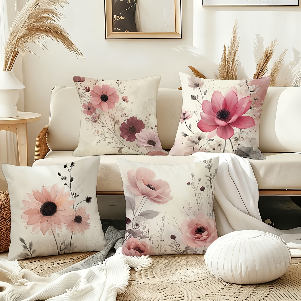 E-shop 4er-Set Kissenbezüge mit Blumen in Rosatönen als Hauptmotiv. Geeignet für Räume wie Schlafzimmer, Wohnzimmer, Sofakissen Autos, erfüllt die