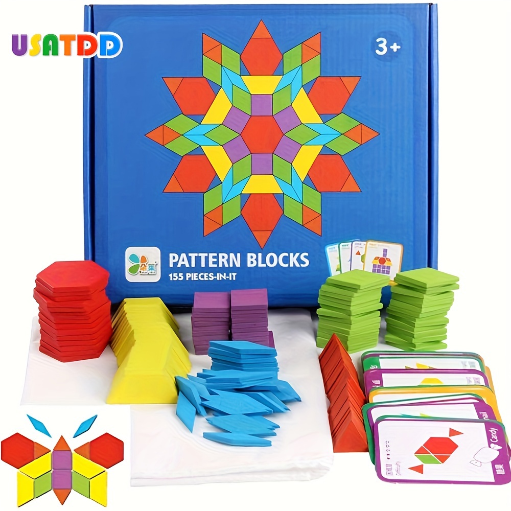 

155 Pcs Wooden Pattern Blocks Set Geometric Shape For Baby Educational Montessori Tangram Toys For Kids With 24 Pcs Cards Wooden Toys, Christmas And Halloween Gift, Thanksgiving Gift