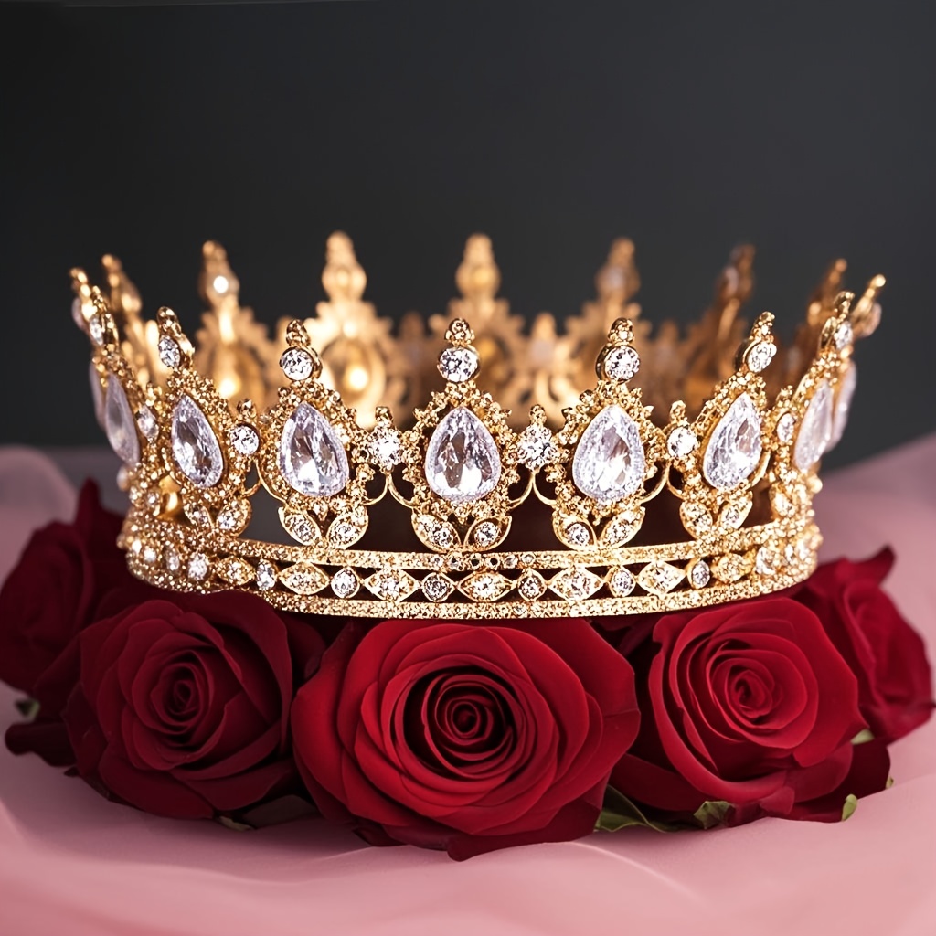 Image of 1pc Elegant Baroque Bridal Tiara With Golden& Clear Rhinestones - Rose Golden Alloy Crown Headpiece For Weddings, Parties, And Special Occasions