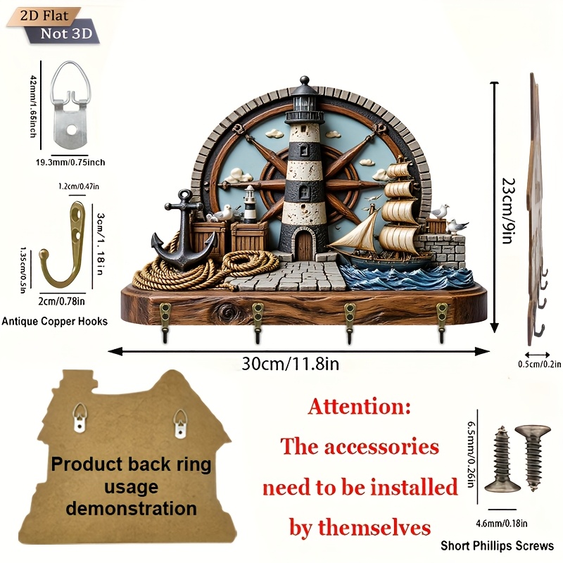 E-shop 2D Flat. 1 Stück. und Anker Schlüsselhaken im nautischen Stil - Multifunktionales dekoratives Schlüsselbrett aus Holz, mit vier Metallhaken,
