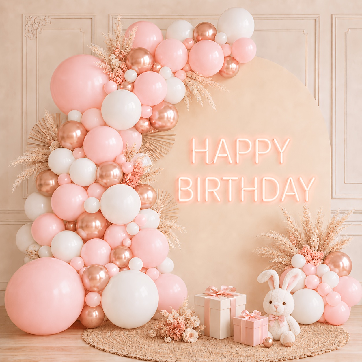 Image of Light Pink White Metal Rose Arch Set, Latex Balloon Wreath Set, Suitable For Decorating ' Birthday Parties, Banquets, Bridal Showers, Wedding Parties