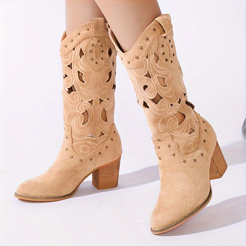 

Women's Hollow Western Cowboy Boots, Vintage Studded Pull On Chunky Stacked Heeled Cowgirl Boots, Casual Mid Calf Boots