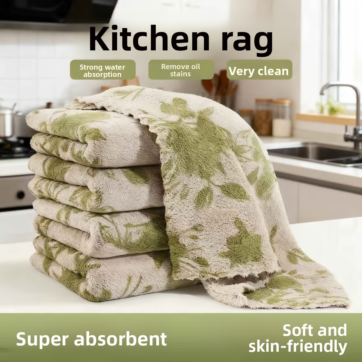 10pcs kitchen dish cloth cleaning towel coral material green rose pattern wash wipe table countertop stove sink home use soft thick lint reuse     holiday