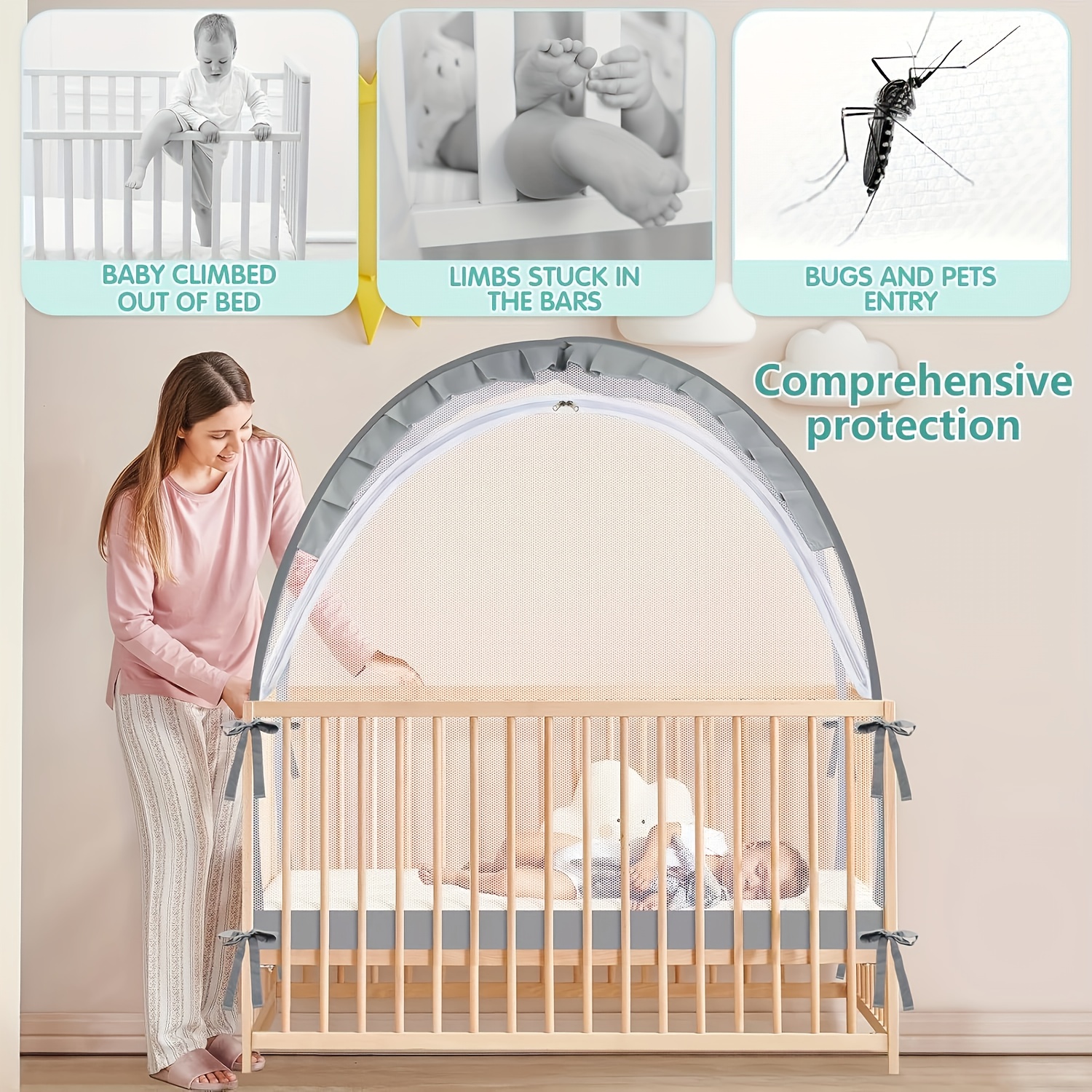 Crib Canopy - Netting to Prevent from Climbing Out - Sturdy And Breathable Pop-Up Tent for Cribs, Safety Cover