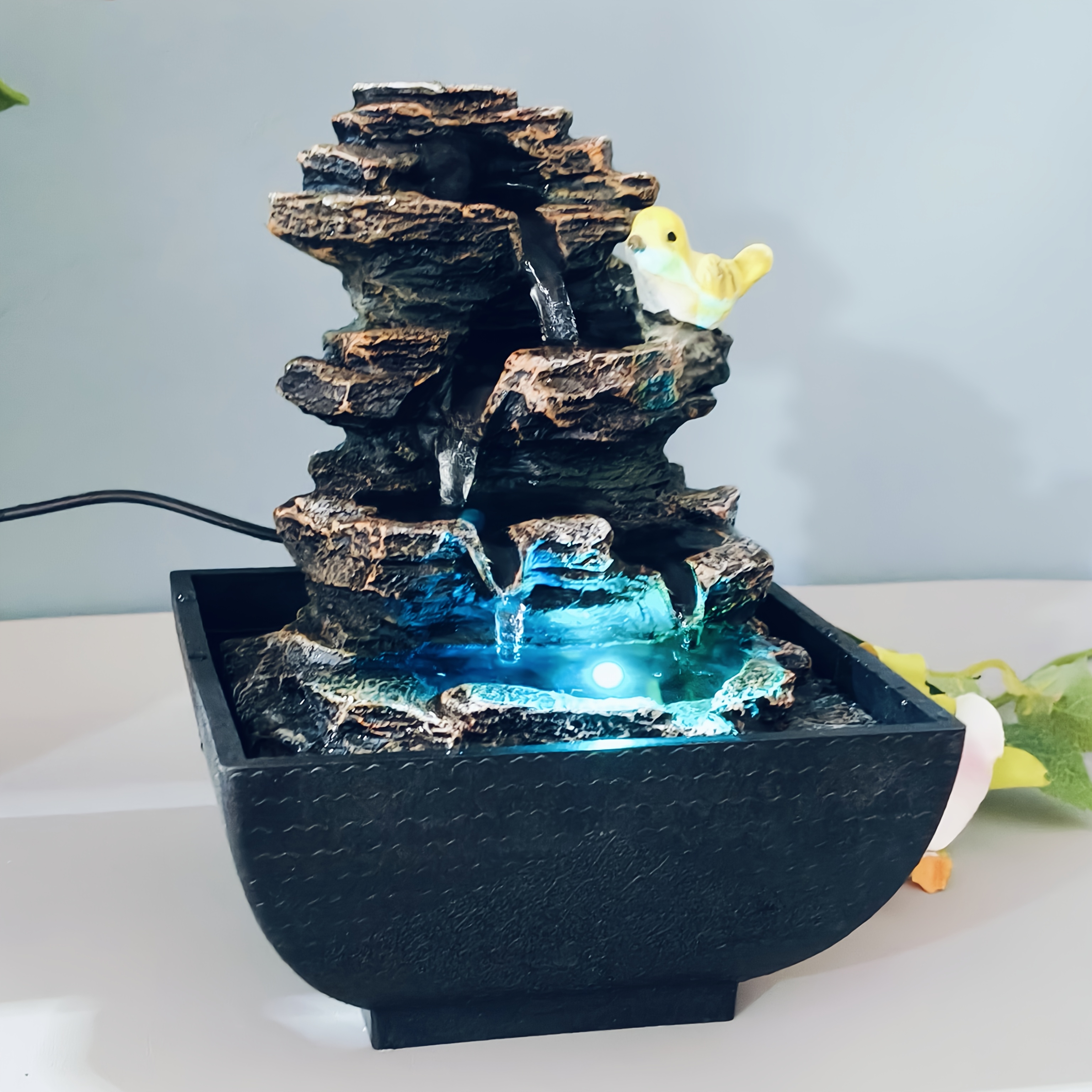 1 set of resin color-changing light imitation landscape fountain, bird rockery fountain, desktop placement creative USB power design, suitable for home and office decoration, suitable for business and Christmas, Valentine's Day, Thanksgiving and housewarming gifts