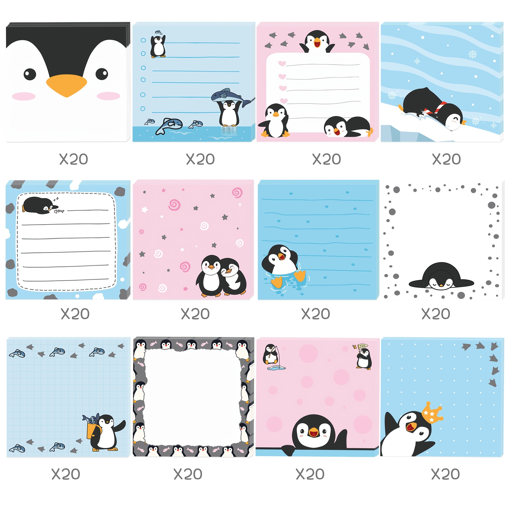 12pcs(240pages) Cartoon Penguin Dolphin Theme Square Self-adhesive Sticky Writing Memo Pads Notes Notepad For Birthday Party Office Home Use