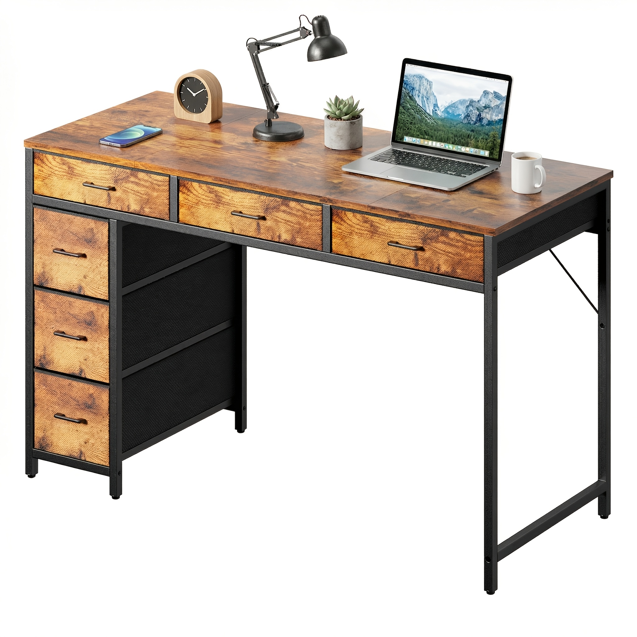 47 Inch Computer Desk With 6 Fabric Storage Drawers, Gaming Desk With Triangular Fixation, Home Office Table, Study Writing Work Table For Bedroom, , Gift For Men
