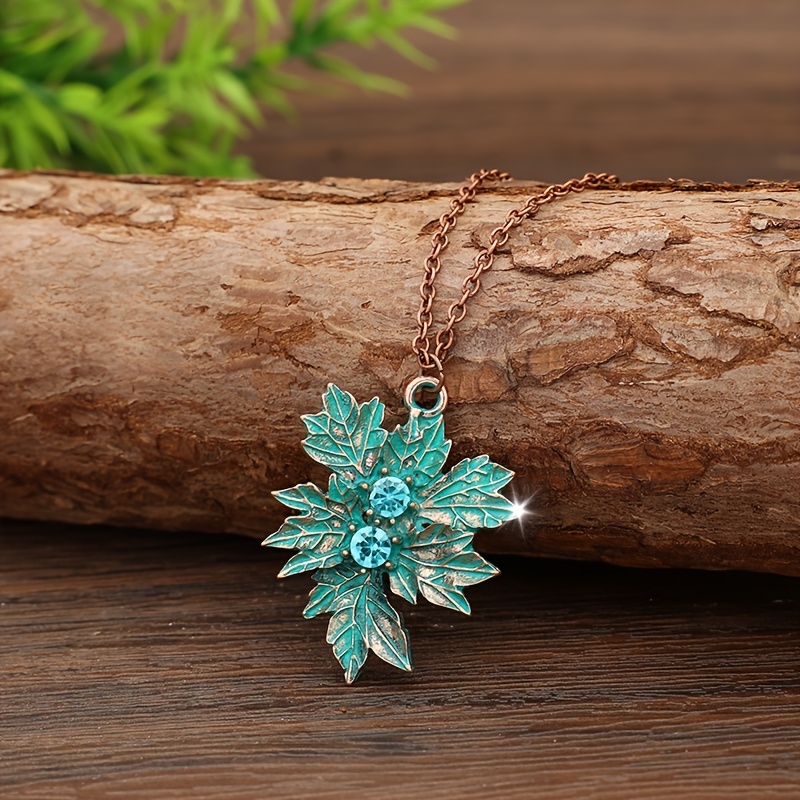 TEMU Collana con foglia d'acero color foglia di t癡 intarsiata con strass artificiali, con un raffinato ciondolo smaltato tridimensionale a forma di