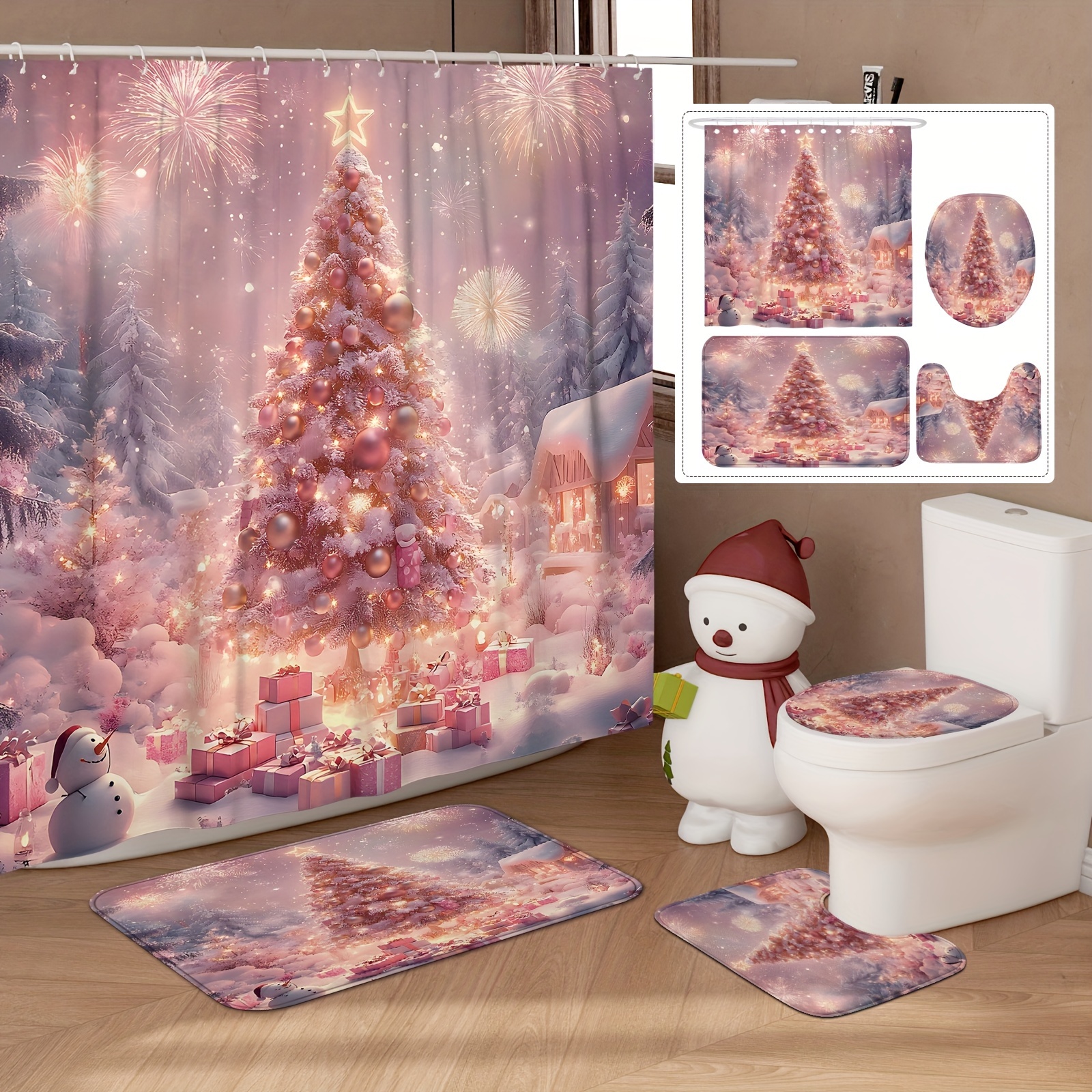 

/4pcs Christmas Curtain Set Curtain And Rugs Polyester For Bathroom Or Decor 12 Bath Mat Lid Mat