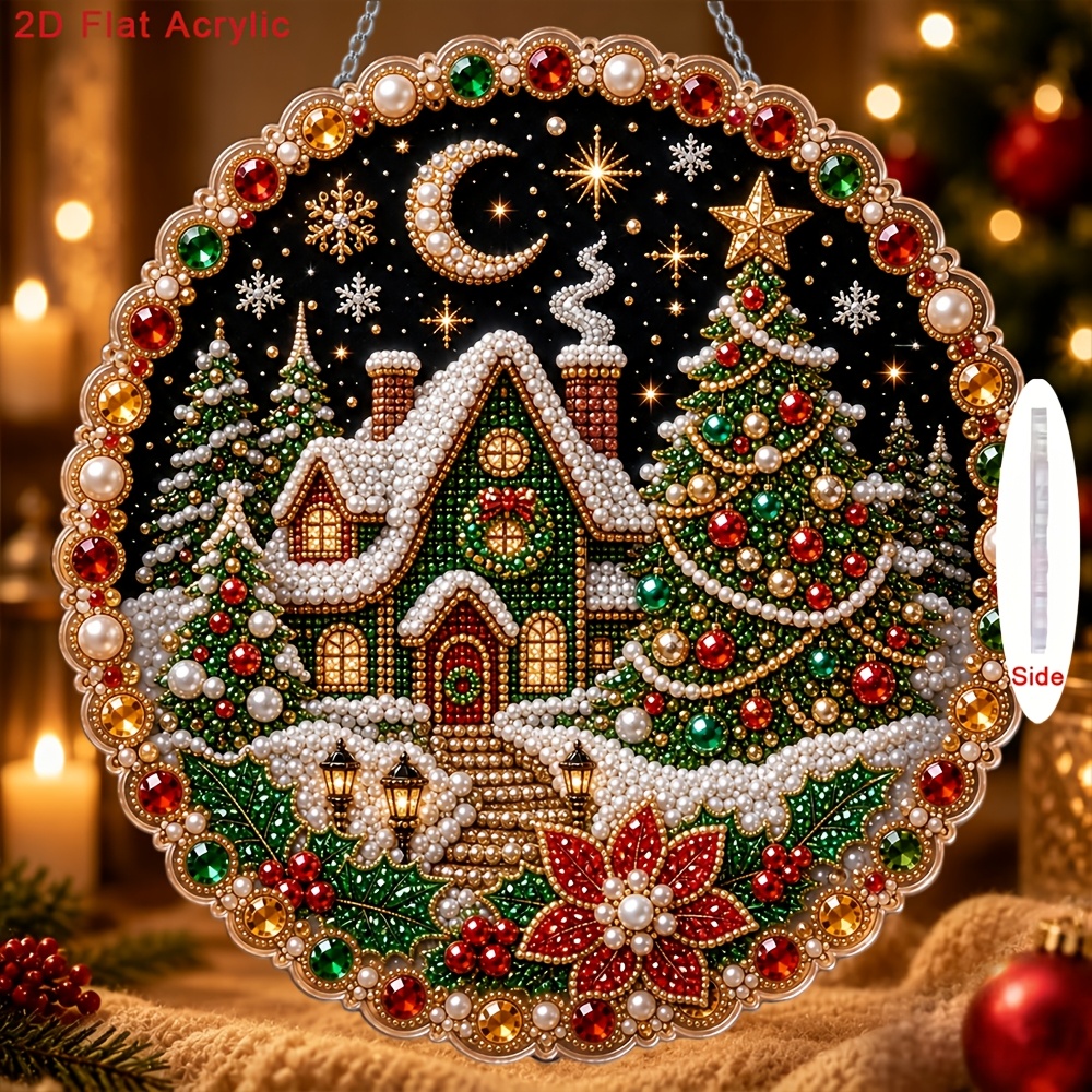 TEMU Pendentif décoratif de Noël 2D plat, ornement en acrylique incrusté de perles et de , décoration de fête , motif de maison et de sapin de Noël,