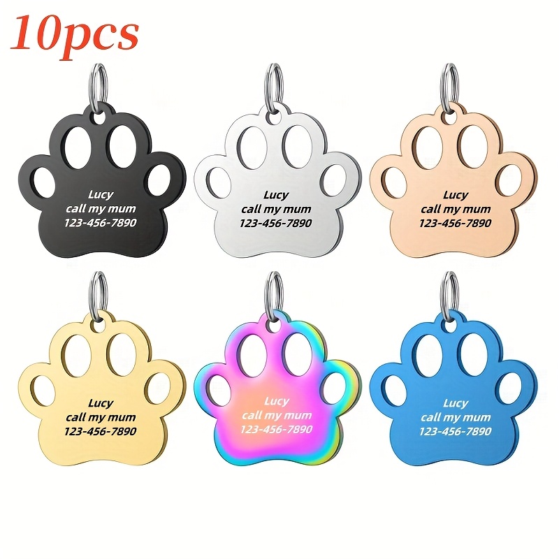 10pcs Customizable Dog ID Tags with Elegant Hollow Paw Print Design