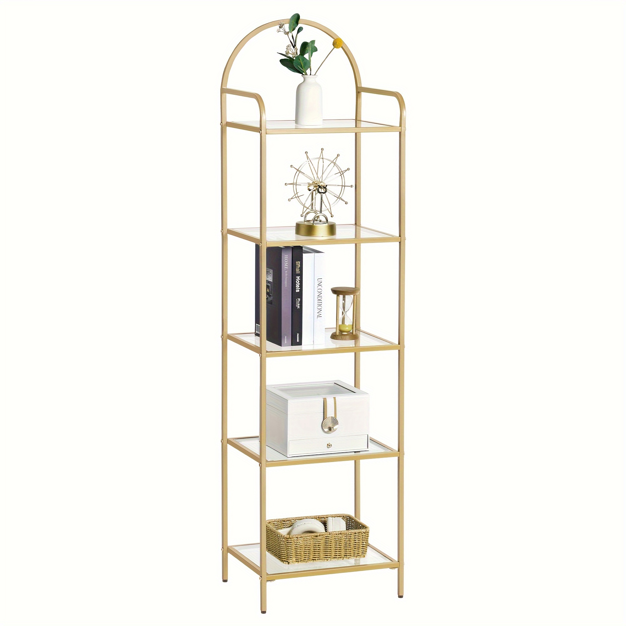 TEMU 5-tier Modern Bookcase Shelving Unit With Tempered Glass Shelves & - Slim Space-saving Bookshelf Suitable For Bedroom, Bathroom, Home Office,
