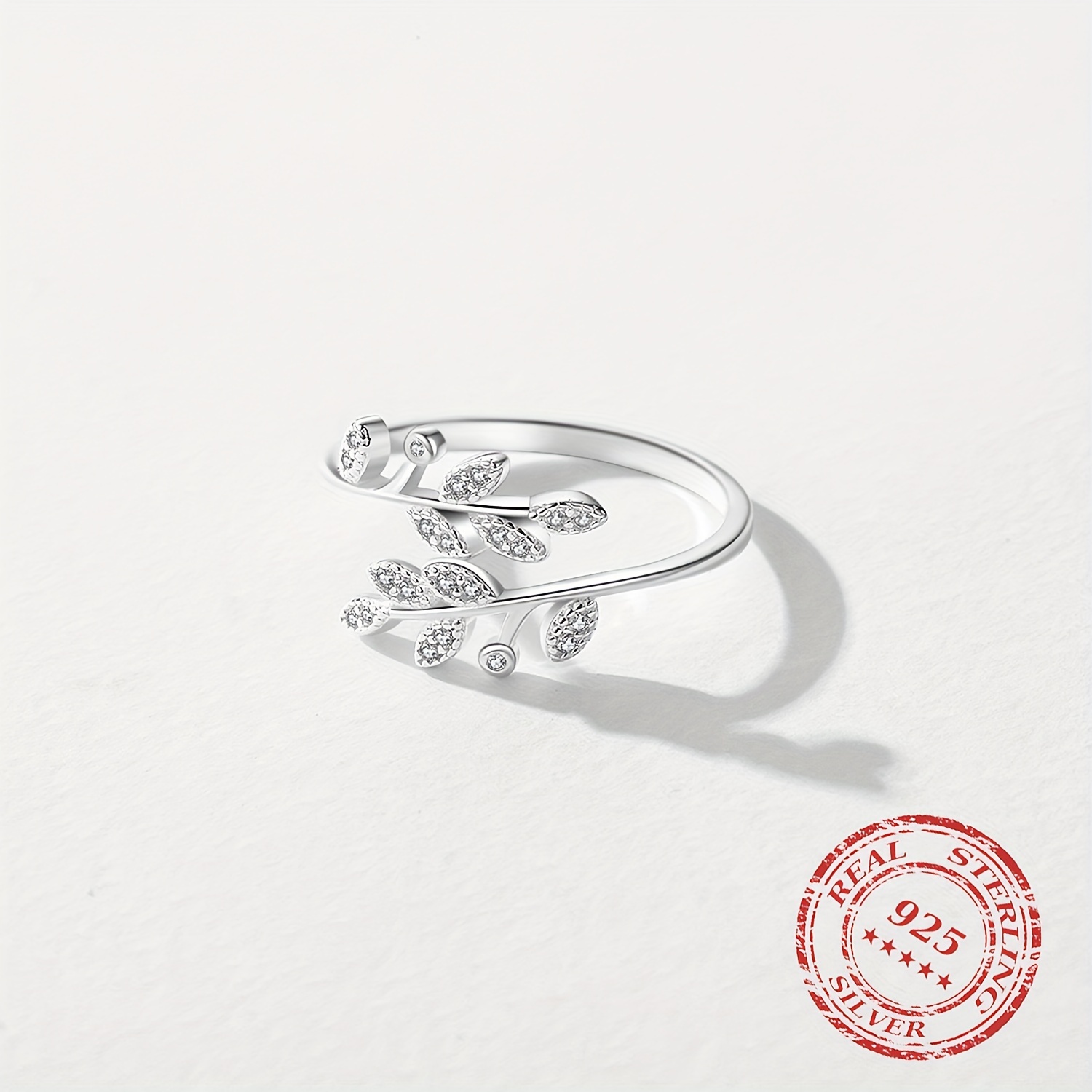 Women's 925 Sterling Silver Adjustable Ring with Sparkling CZ Leaf