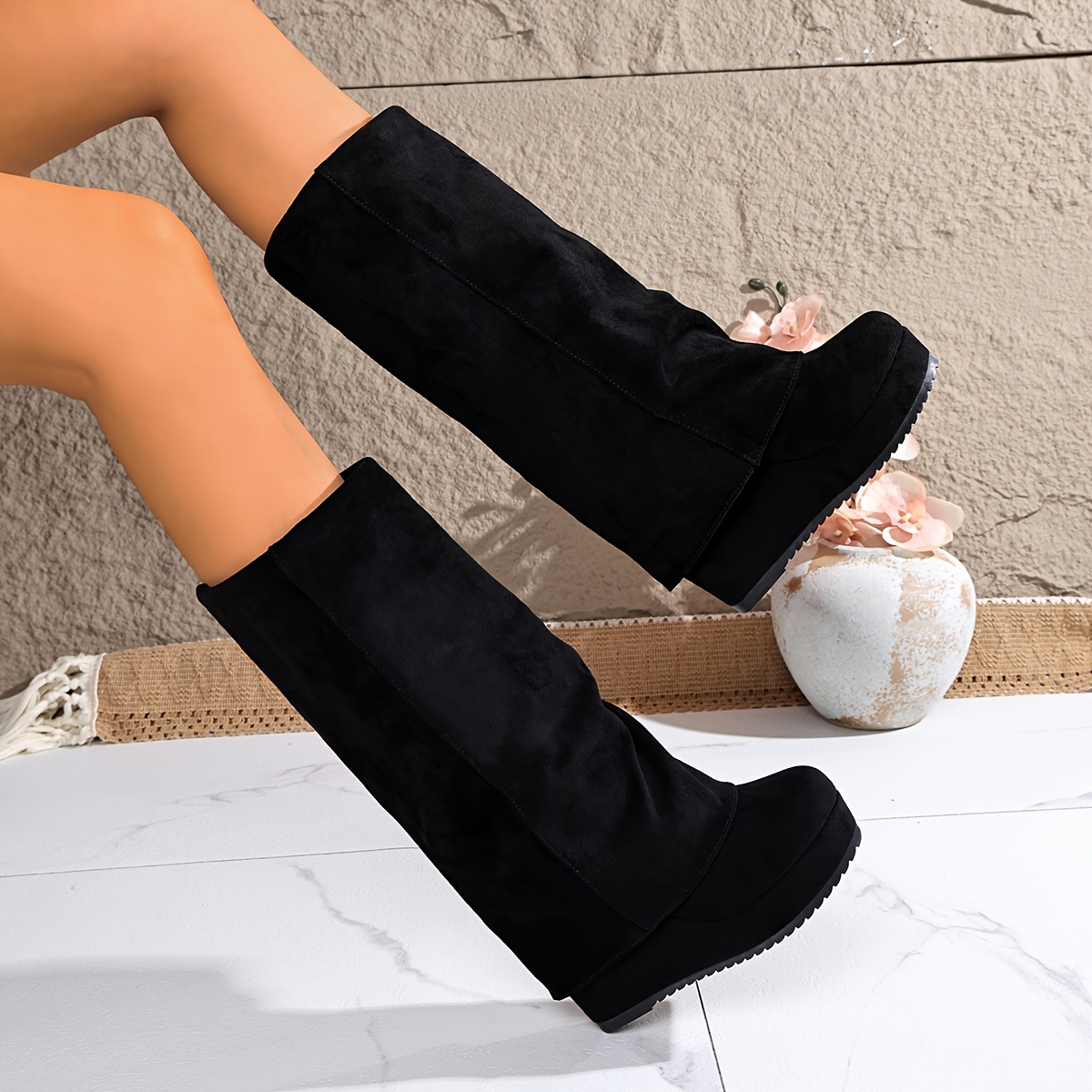 TEMU Fashion Women's Autumn Winter New Wedge Platform Height-increasing Boots Solid Color Knee-length Tall Boots Versatile Boots, Women Shoes