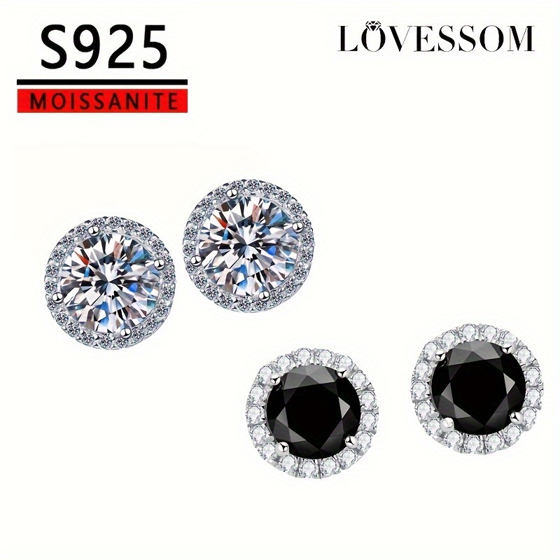 

1pair 925 Sterling Silver White Black Moissanite Stud Earrings For Men, Trendy Couples Earrings For , Party Vacation Gift, Birthday Anniversary Valentine's Day Christmas New Year's Gift, With Gift Box