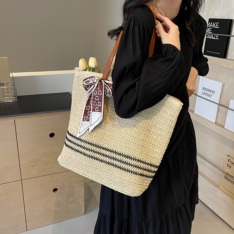 

Summer Woven Straw Bag, Bohemian Striped Tote Bag, Seaside Beach Bag For Travel Vacation