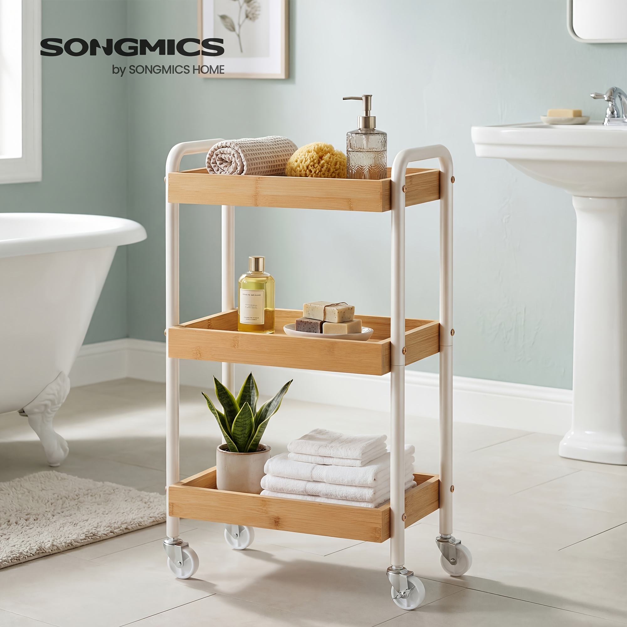 TEMU Carro auxiliar con ruedas de 3 niveles, organizador para baño y cocina, 41.3 x 27.5 x 73 cm