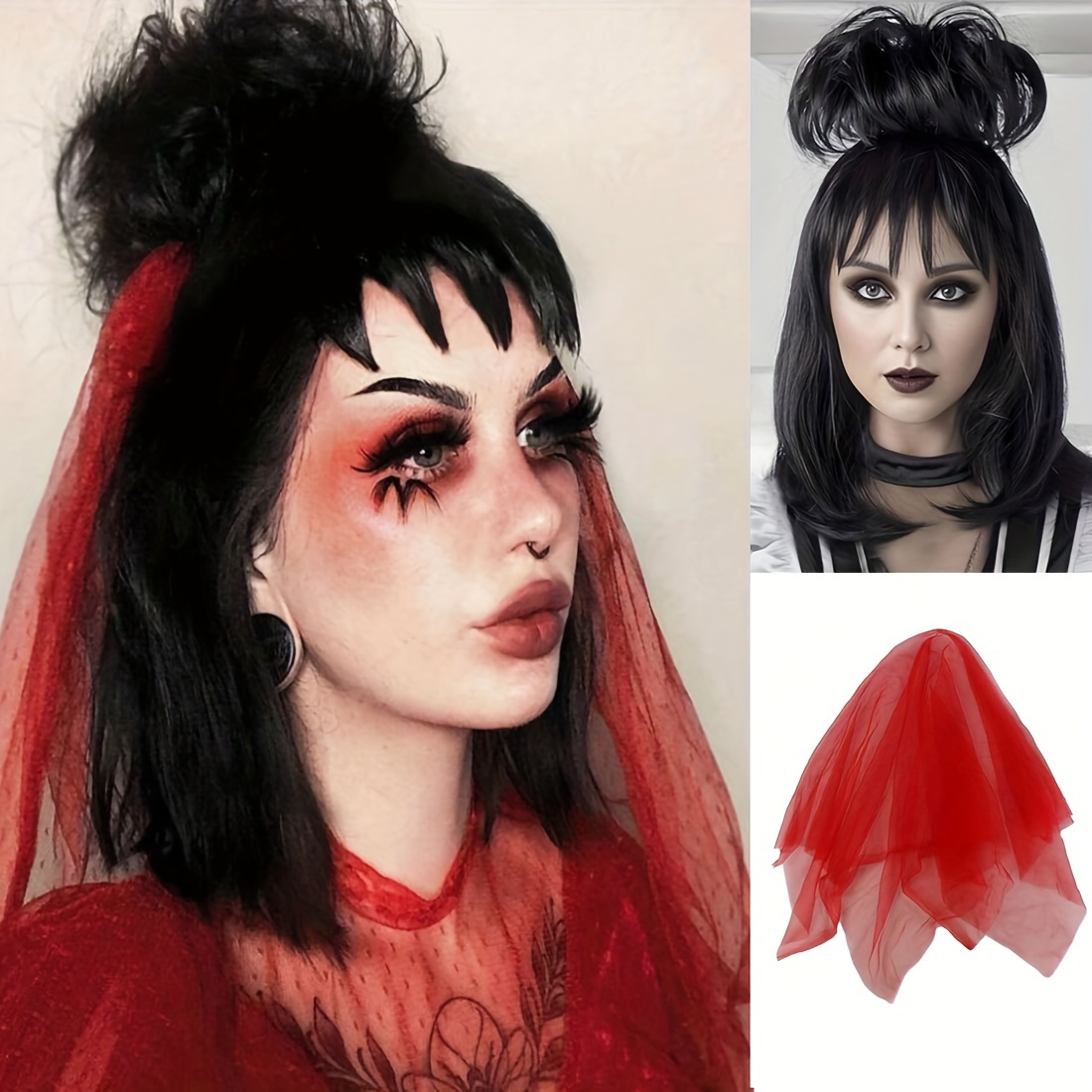 

Gothic Bride Black Wig With & Clip Set - Zombie Bride Costume Straight Hairpiece, Elastic Net Cap, Glueless Design For Women - Fluffy Curled-up Bun & Bangs For , Party, Anime Cosplay