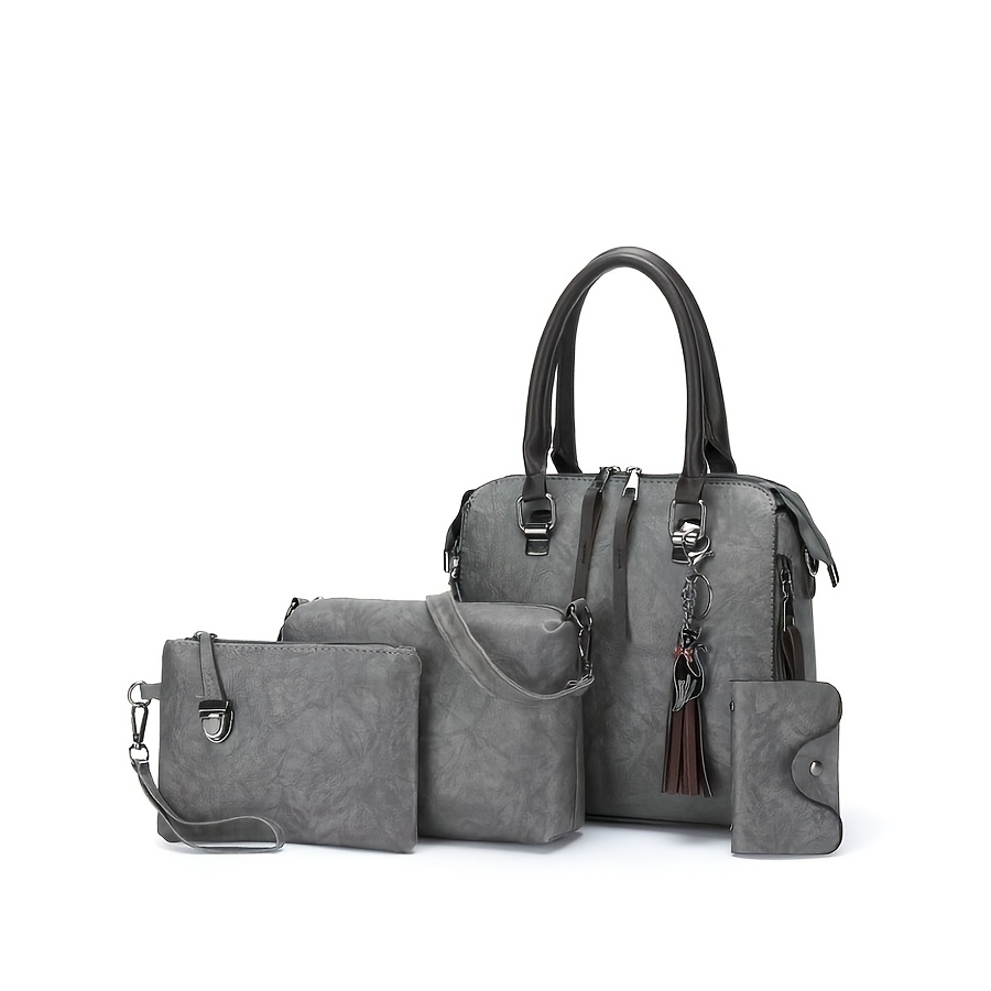 Fashionable And Versatile 4-pc Women' Set, Retro Tote Bag, Crossbody Shoulder Bag, Handbag, Wallet, Large Capacity Oil Wax Pu Tassel Tote Bag, Meeting The Needs Of Daily Commuting, Travel, For Gifts