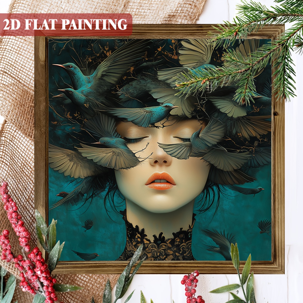 TEMU 2d Flat - 8x8 Inch Wooden Sign Featuring Elegant Woman And Birds In 2d Flat Design | Framed Whimsical Wall Art For Farmhouse, Bathroom, Cafe,