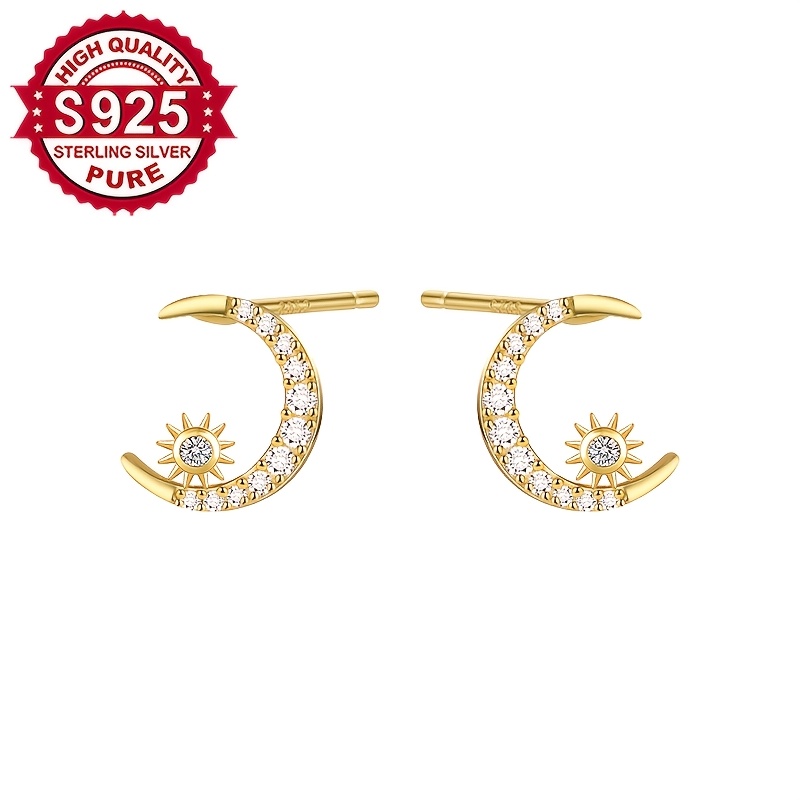 Women's S925 Silver Celestial Moon and Sun Stud Earrings, Unique Gift