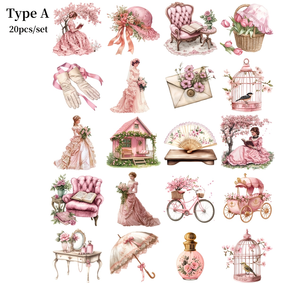 E-shop 20-teiliges/Set Kreatives Retro Viktorianisches Ländliches Gartenhaus Rosa Kleid Viktorianischer Aufkleber Dekoration Handgemachte Tagebuch