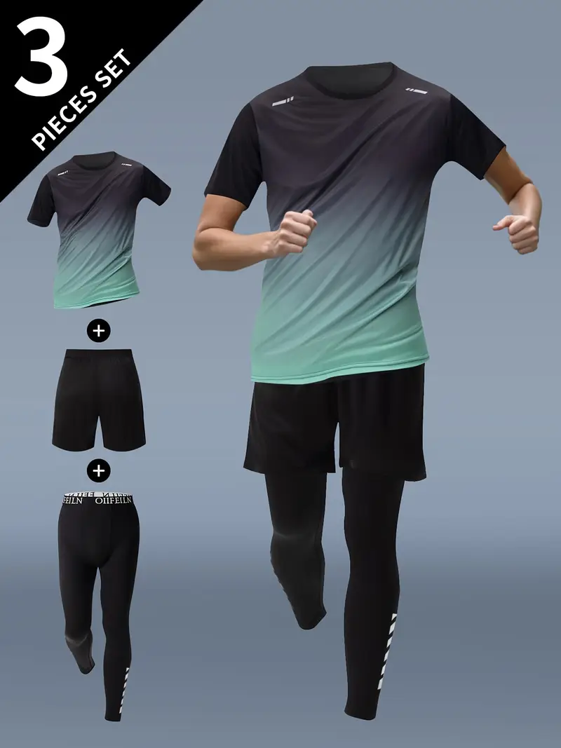 3pcs mens fitness set athletic shorts short sleeve shirt running jacket blue to black gradient stretchy polyester blend crew neck summer sportswear for running and training workout apparel gradient design knit construction gym clothe Product details 37