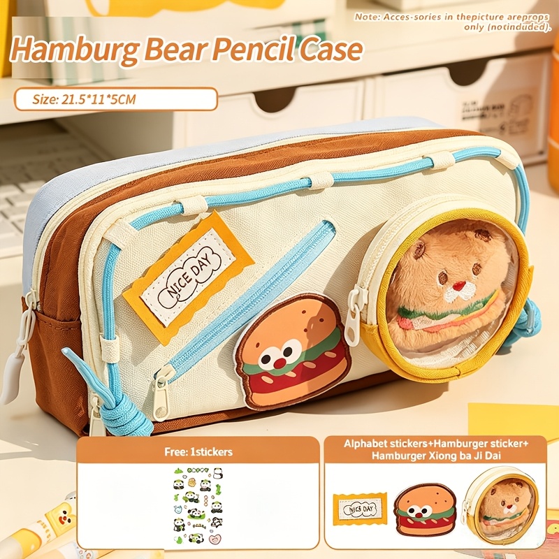 TEMU Trousse Grande Apple/Hamburger/Thé - Design Kawaii sur le Thème des Aliments avec et Pommes, Couleurs Rétro Contrastées, pour l'École et de ,