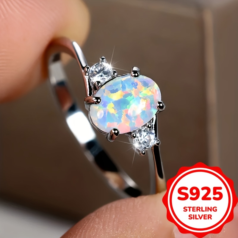 

Elegant 925 Sterling Silver Opal Ring, Oval Fire Opal With Zirconia, 4- Setting, Birthstone, Synthetic Gemstone, Daily & Gift Jewelry, 2.5g