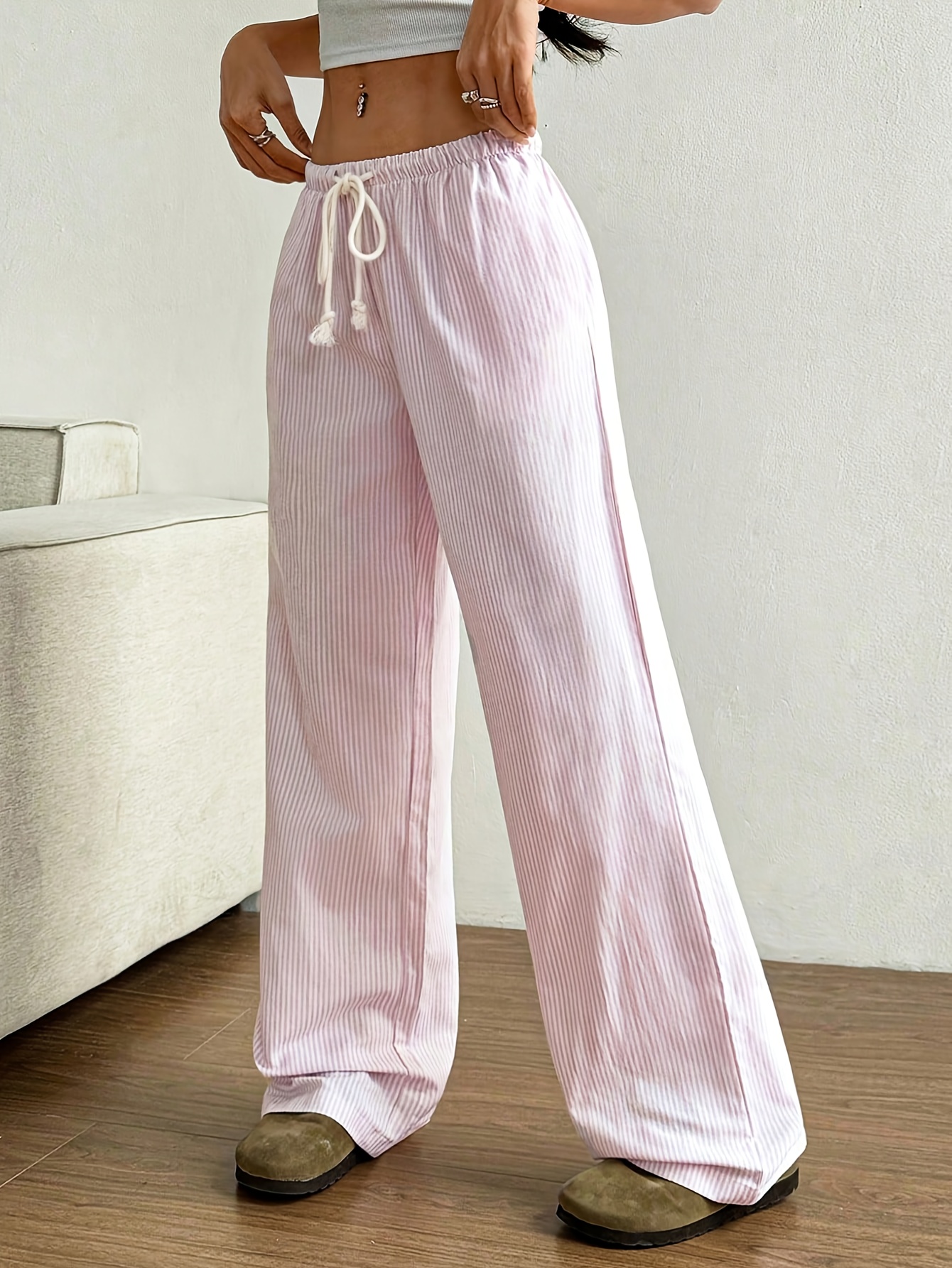 pink low waist drawstring straight pants with pockets womens fashion   clothes ladies summer trousers details 3