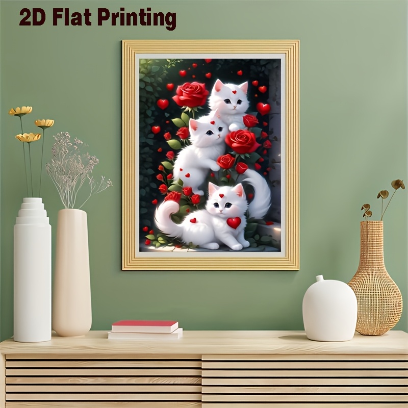 Image of 1pc White Cat And Red Rose Diamond Painting Kit, Adult Round//frameless/, Exquisite Home Decor/wall Art For Living Room, Bedroom, Study, And Other Indoor Spaces